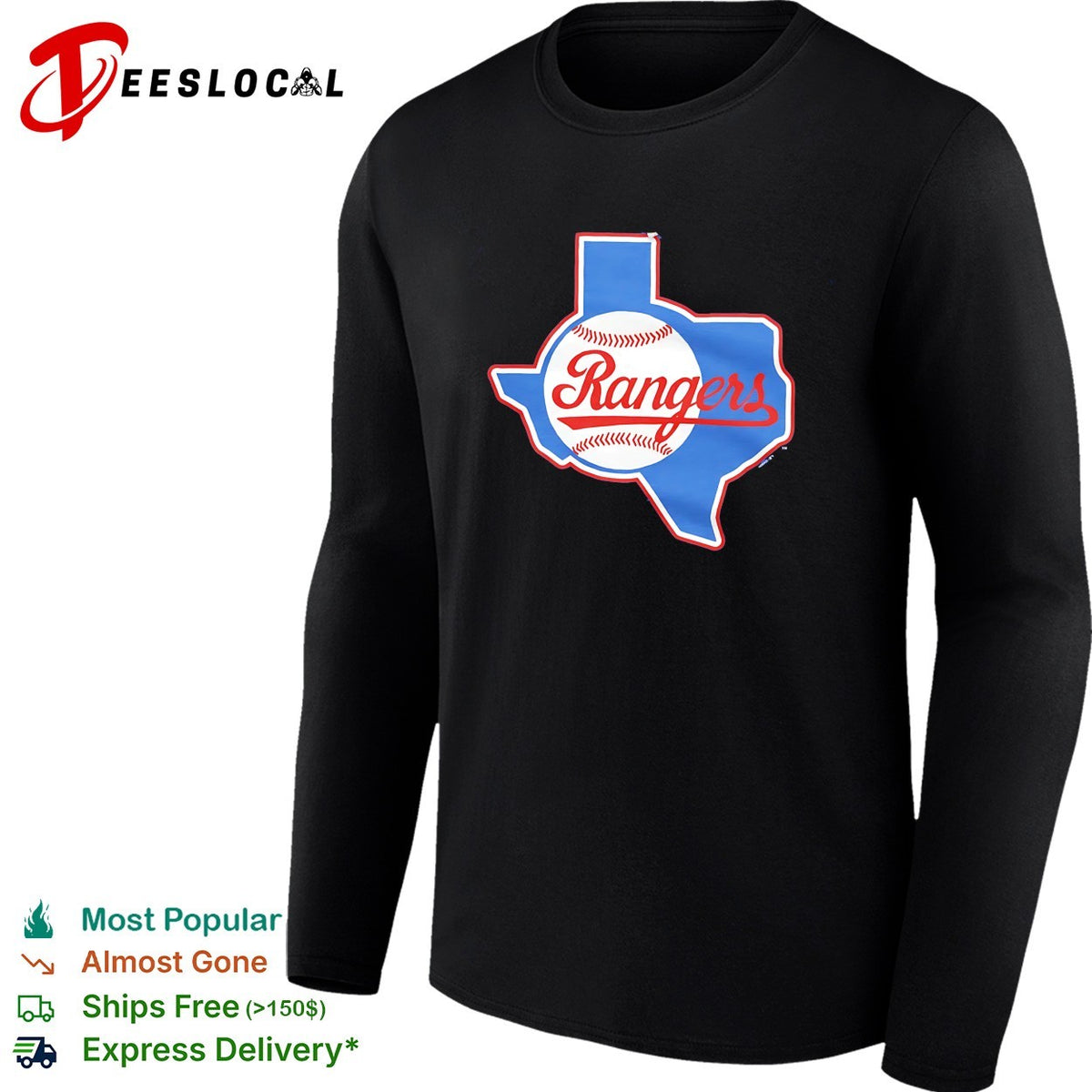 Texas Rangers Texas state outline baseball cursive script logo shirt