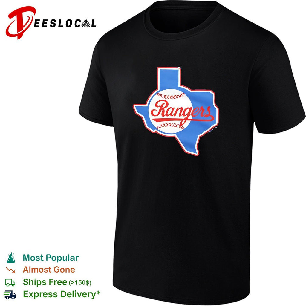 Texas Rangers Texas state outline baseball cursive script logo shirt