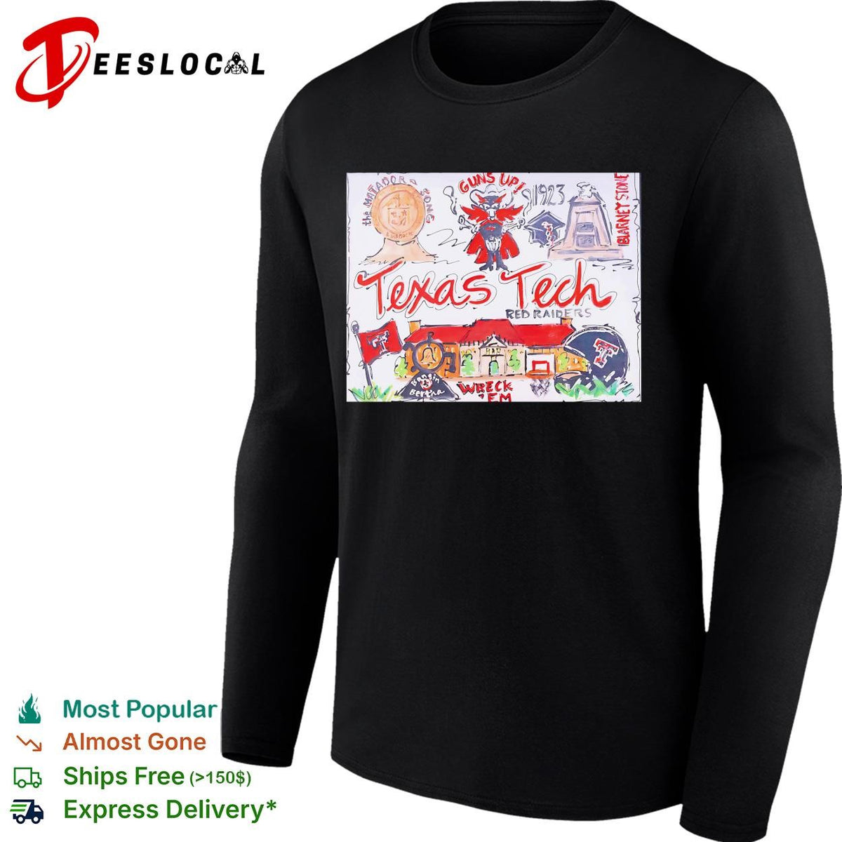 Texas Tech Red Raiders guns up hand drawn collage poster shirt