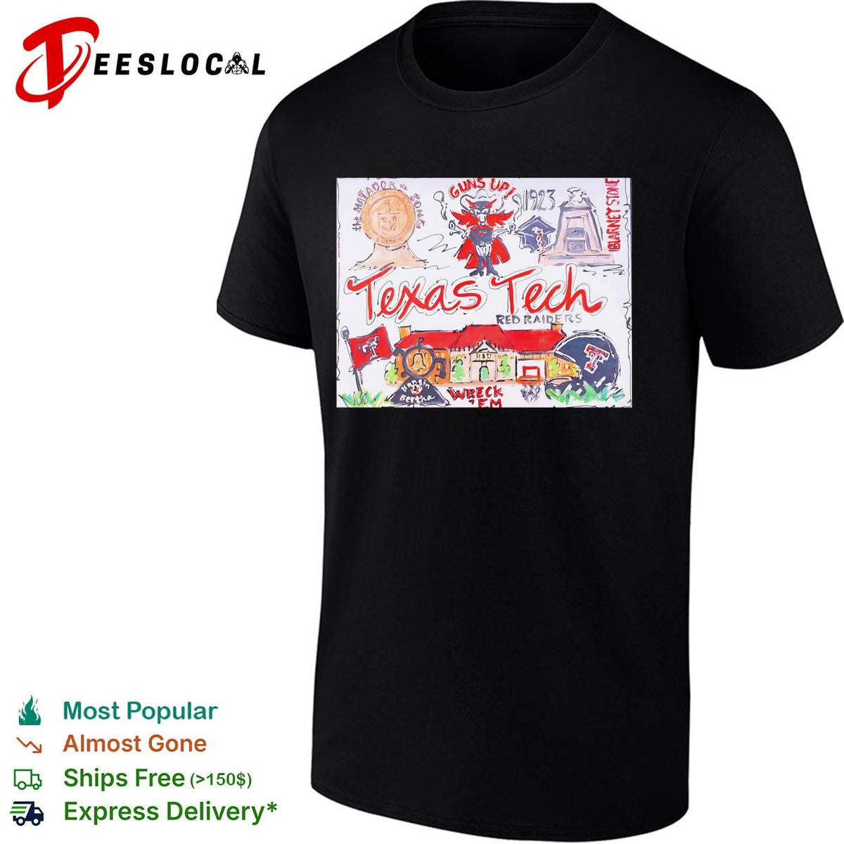 Texas Tech Red Raiders guns up hand drawn collage poster shirt