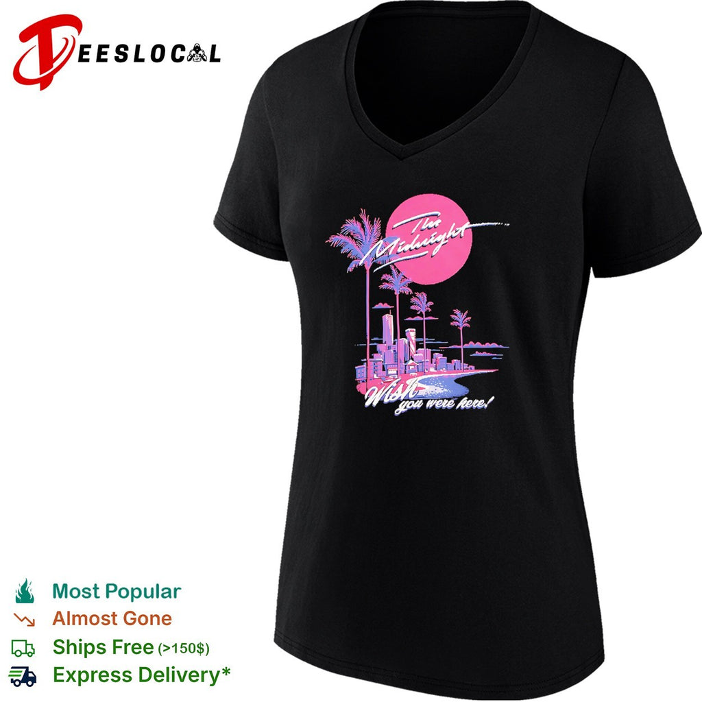 The Midnight Wish you were here Synthwave Aesthetic Neon Palm Tree Cityscape shirt