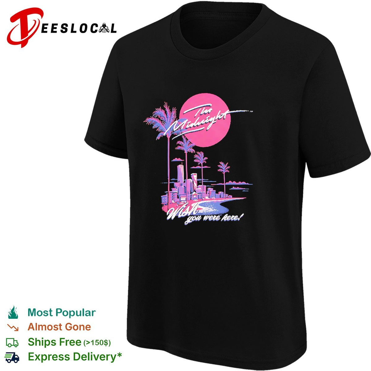 The Midnight Wish you were here Synthwave Aesthetic Neon Palm Tree Cityscape shirt
