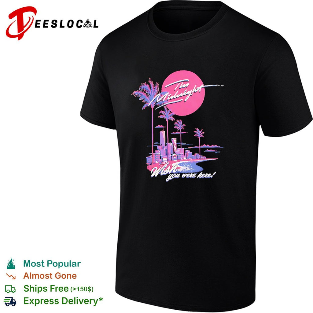 The Midnight Wish you were here Synthwave Aesthetic Neon Palm Tree Cityscape shirt