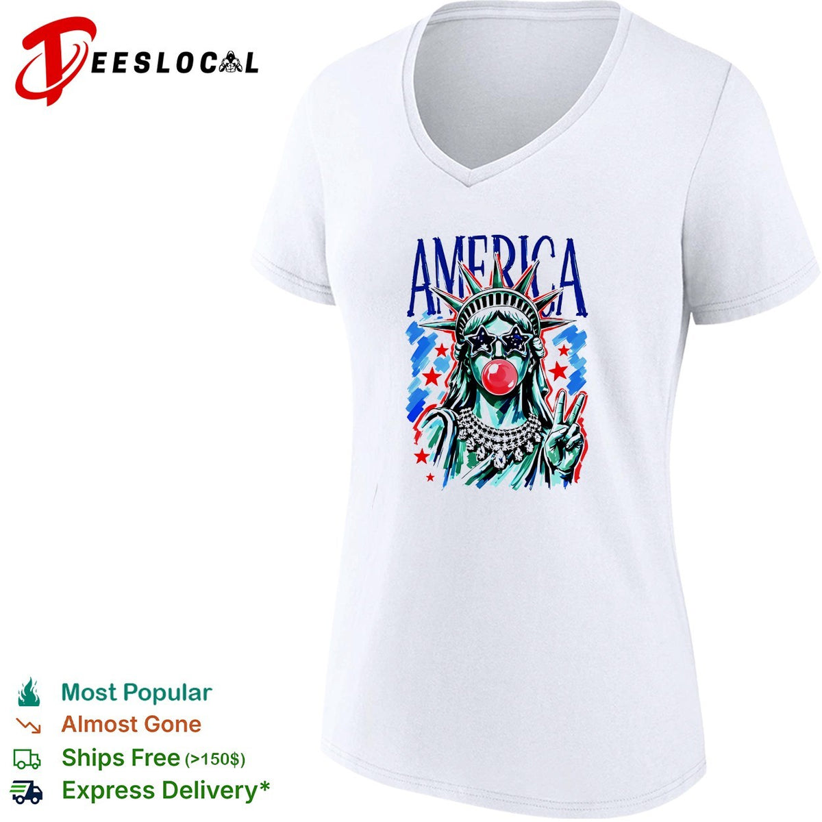 The Statue of Liberty is chewing gum and wearing sunglasses with an American flag design shirt