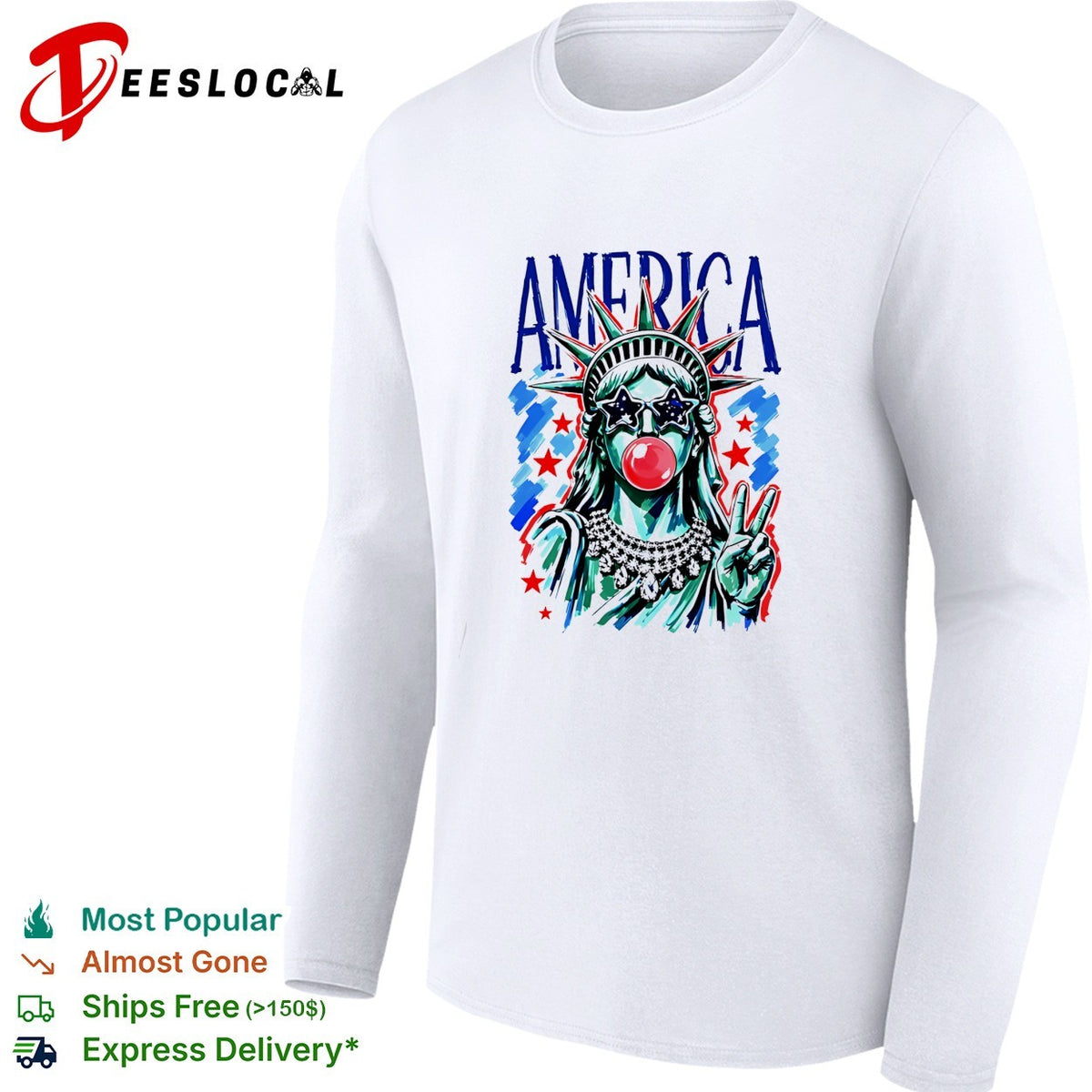 The Statue of Liberty is chewing gum and wearing sunglasses with an American flag design shirt