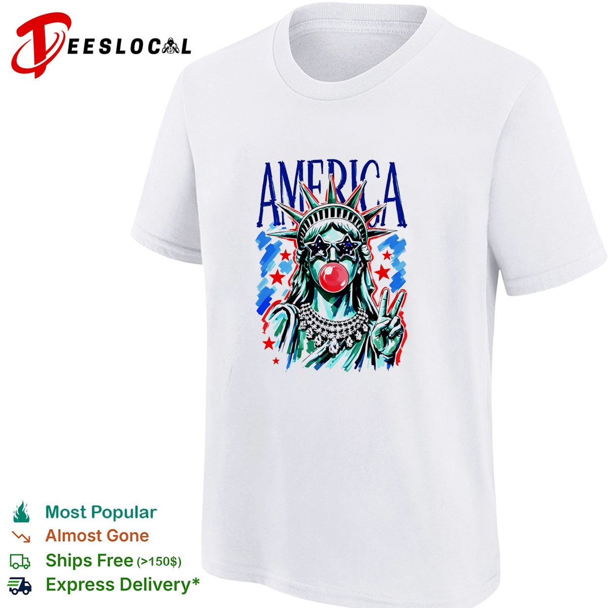 The Statue of Liberty is chewing gum and wearing sunglasses with an American flag design shirt