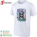 The Statue of Liberty is chewing gum and wearing sunglasses with an American flag design shirt