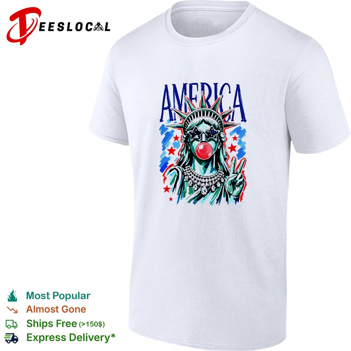 The Statue of Liberty is chewing gum and wearing sunglasses with an American flag design shirt
