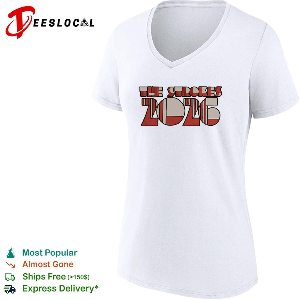 The Strokes 2026 retro round bubble letter logo bold yellow text graphic shirt
