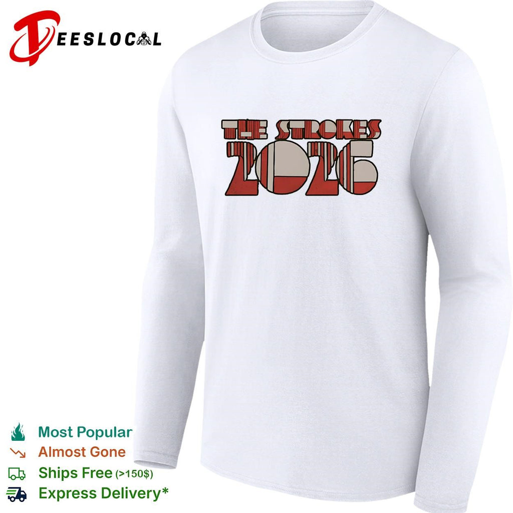 The Strokes 2026 retro round bubble letter logo bold yellow text graphic shirt