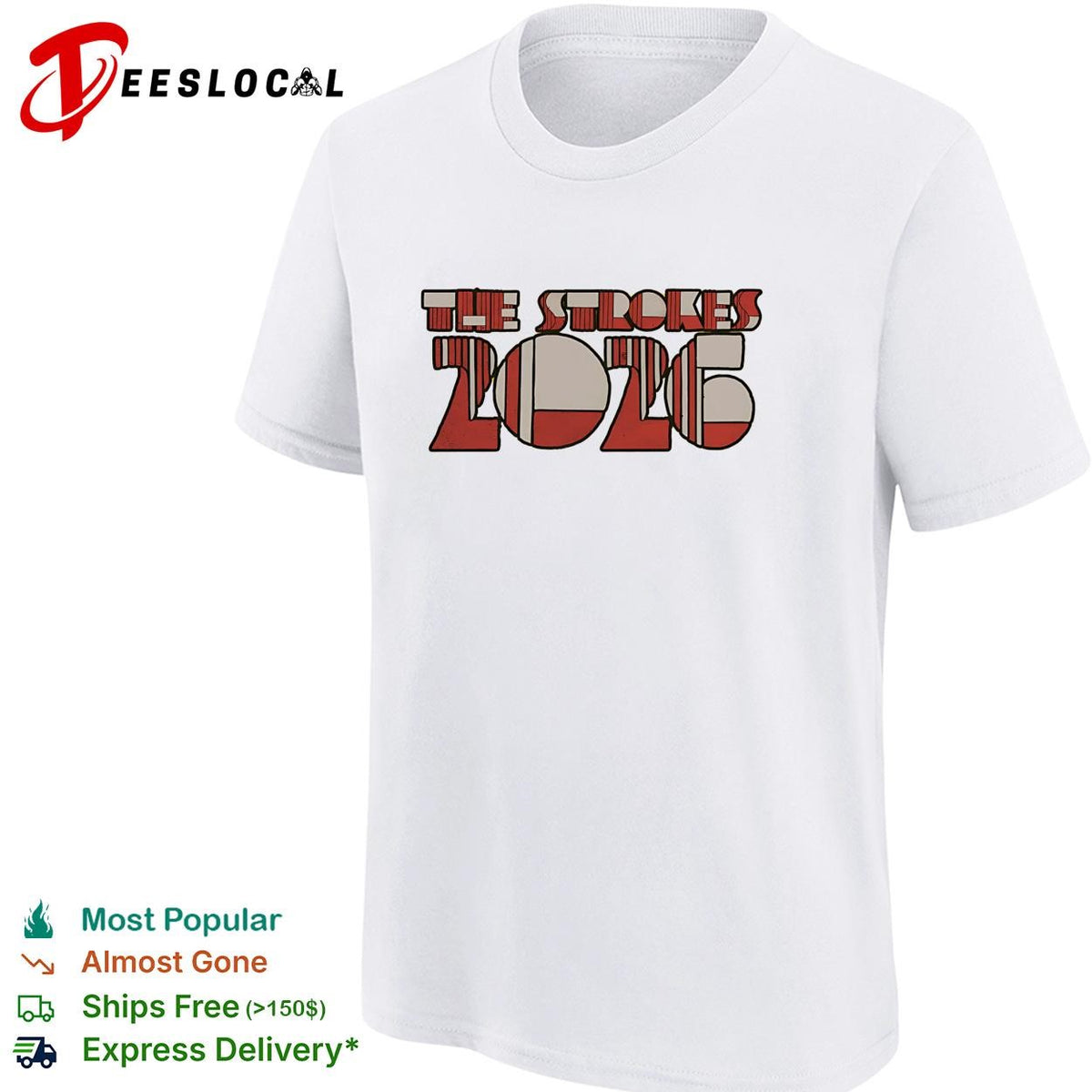 The Strokes 2026 retro round bubble letter logo bold yellow text graphic shirt