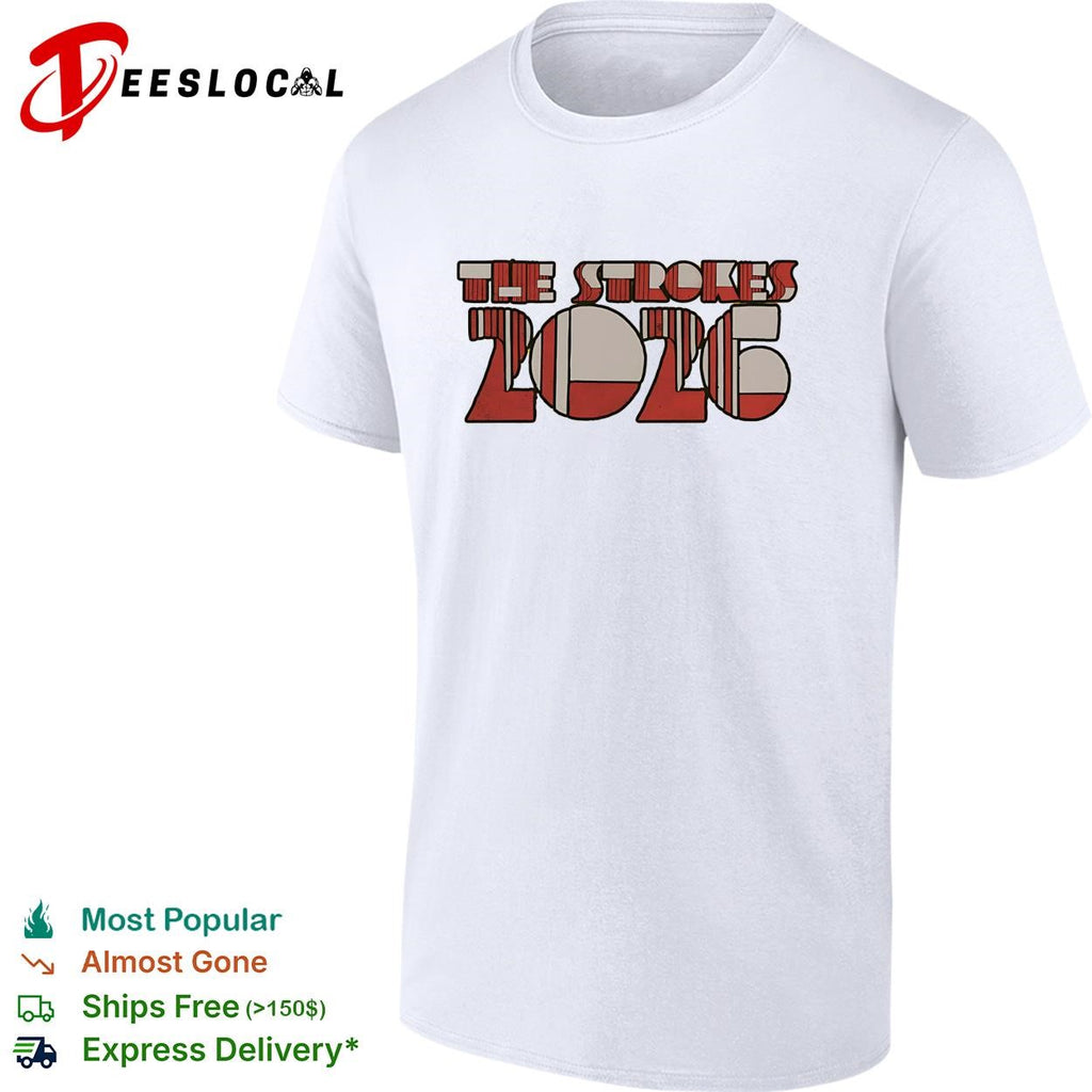 The Strokes 2026 retro round bubble letter logo bold yellow text graphic shirt