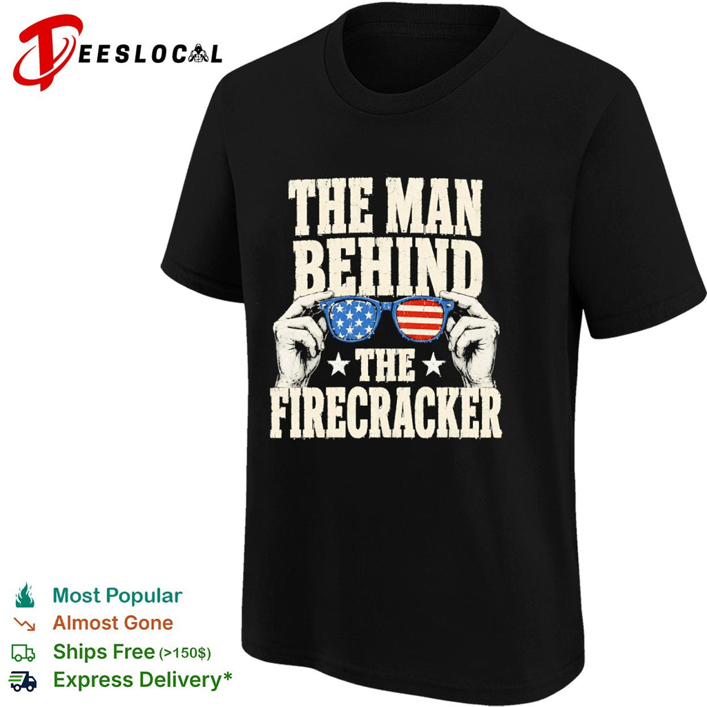 The man behind the firecracker American flag sunglasses patriotic 4th of July shirt