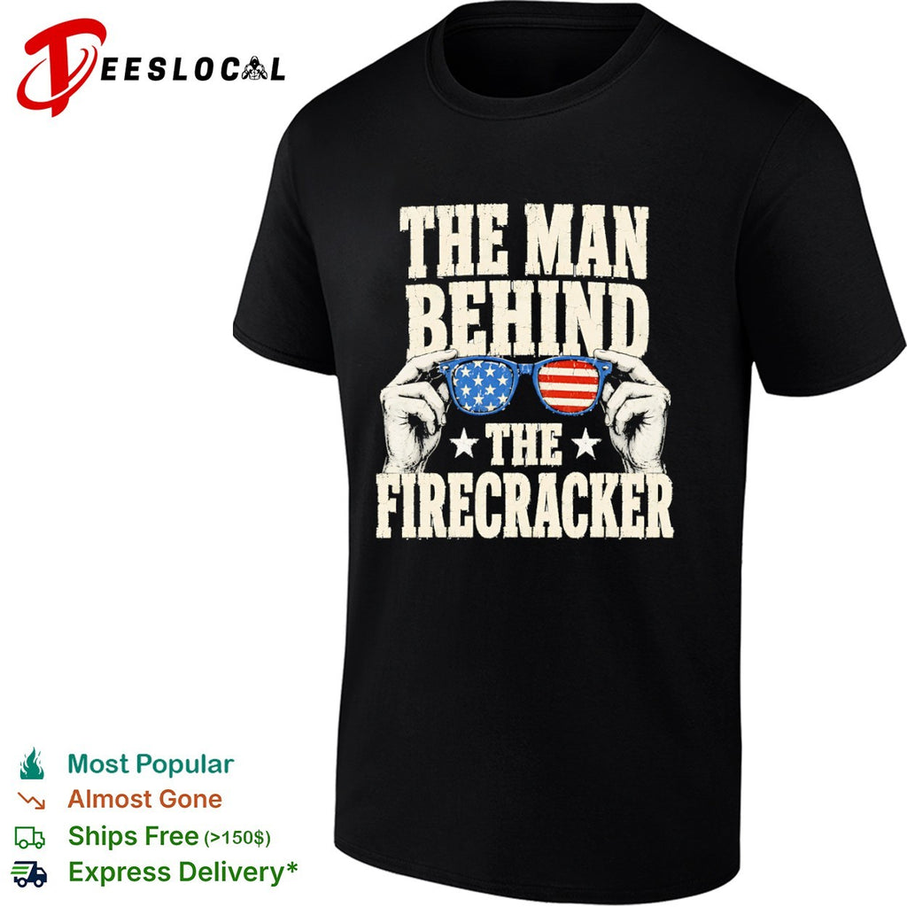The man behind the firecracker American flag sunglasses patriotic 4th of July shirt