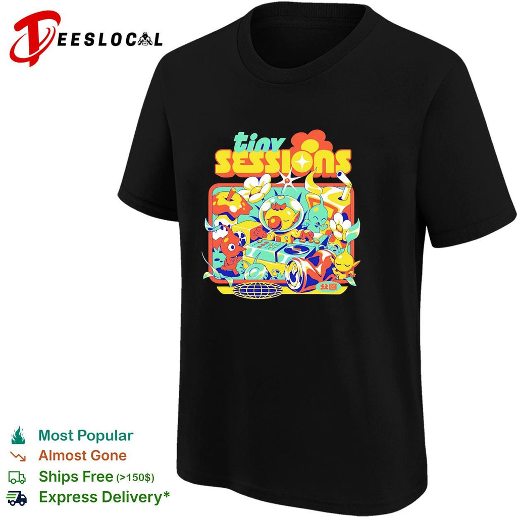Tiny Sessions colorful cartoon music festival characters shirt