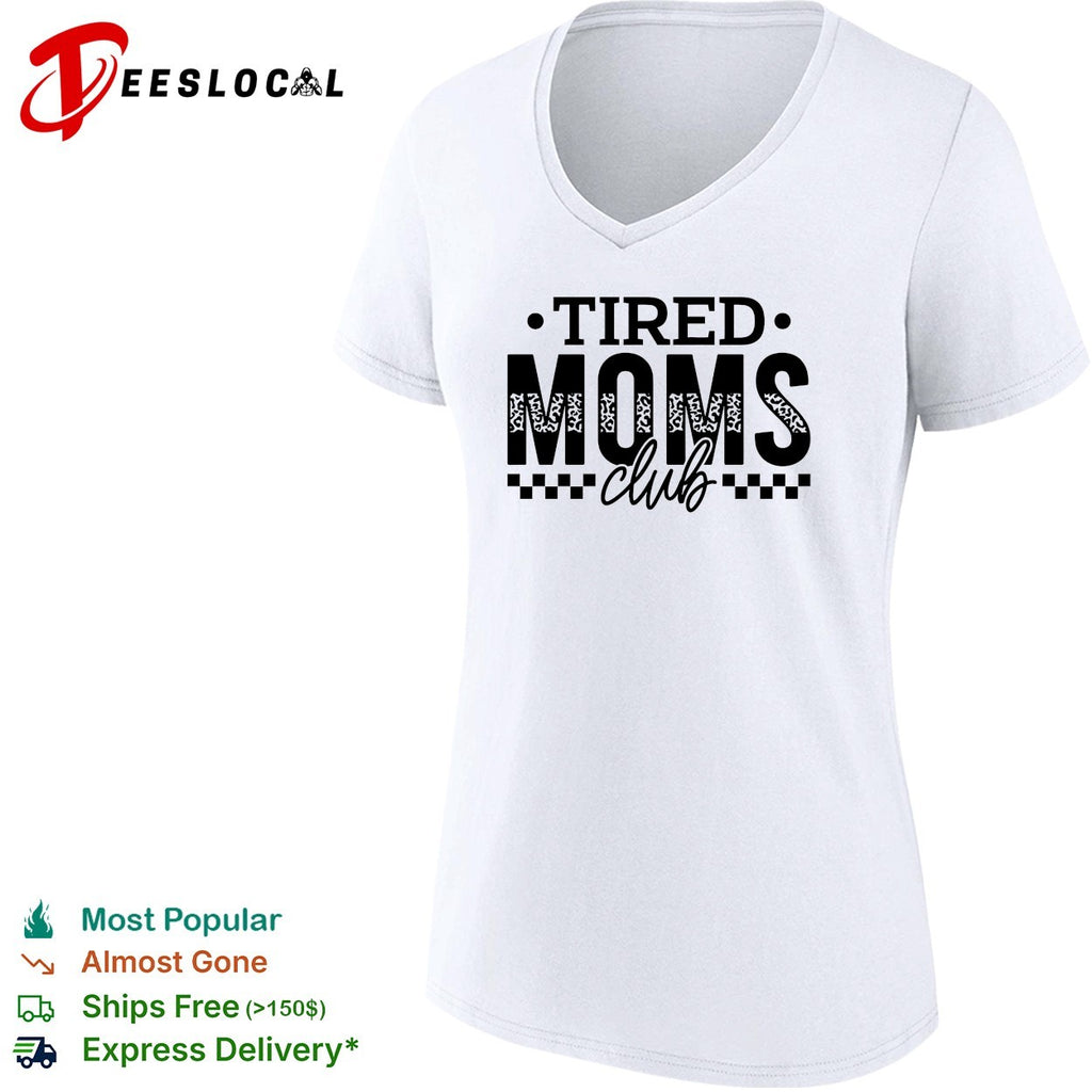 Tired Moms Club leopard print and checkered pattern design on shirt