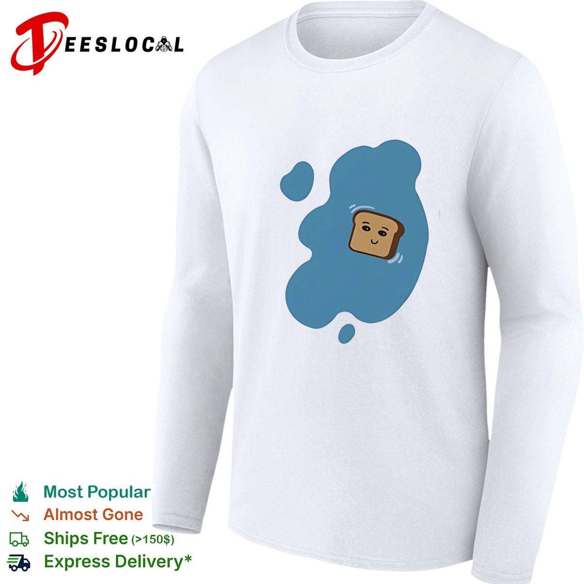 Toast in a blue puddle of water funny food pun cartoon character design shirt