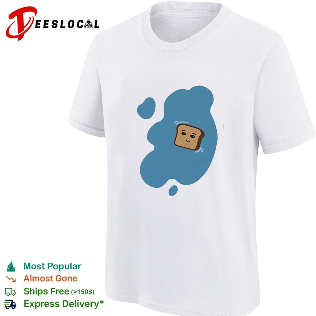 Toast in a blue puddle of water funny food pun cartoon character design shirt