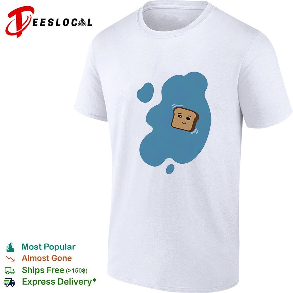 Toast in a blue puddle of water funny food pun cartoon character design shirt