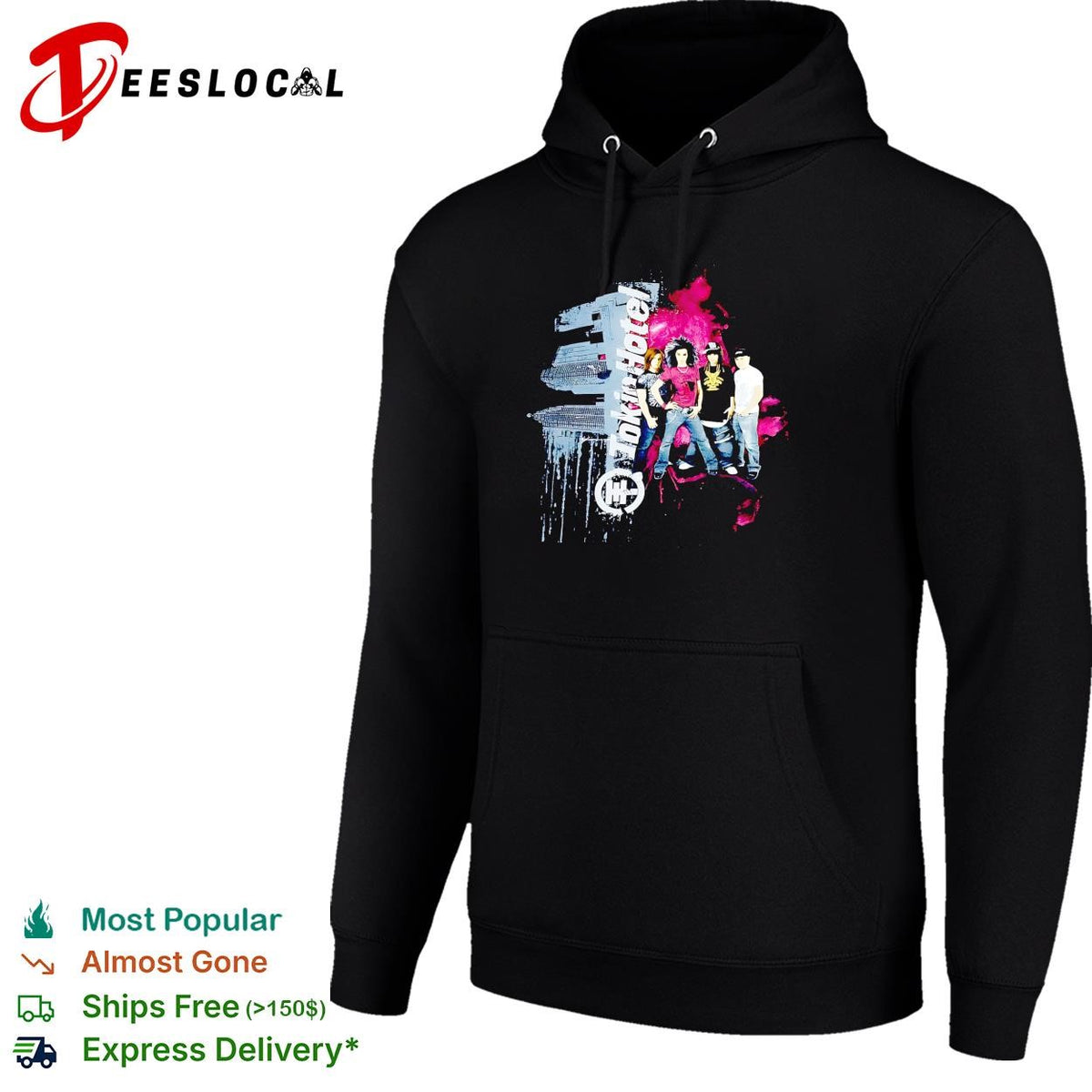 Tokio Hotel band group portrait pink paint splatter background graphic shirt