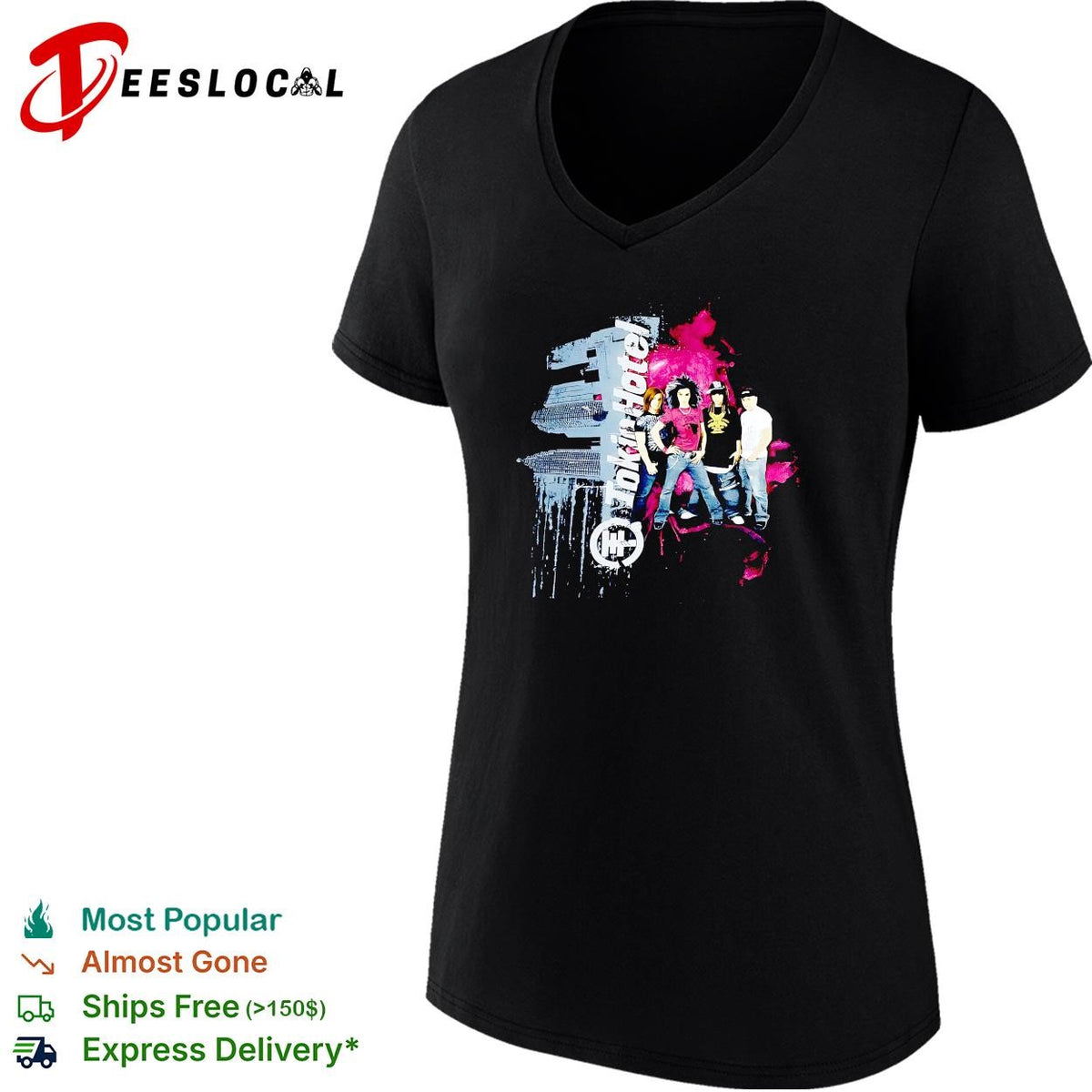 Tokio Hotel band group portrait pink paint splatter background graphic shirt