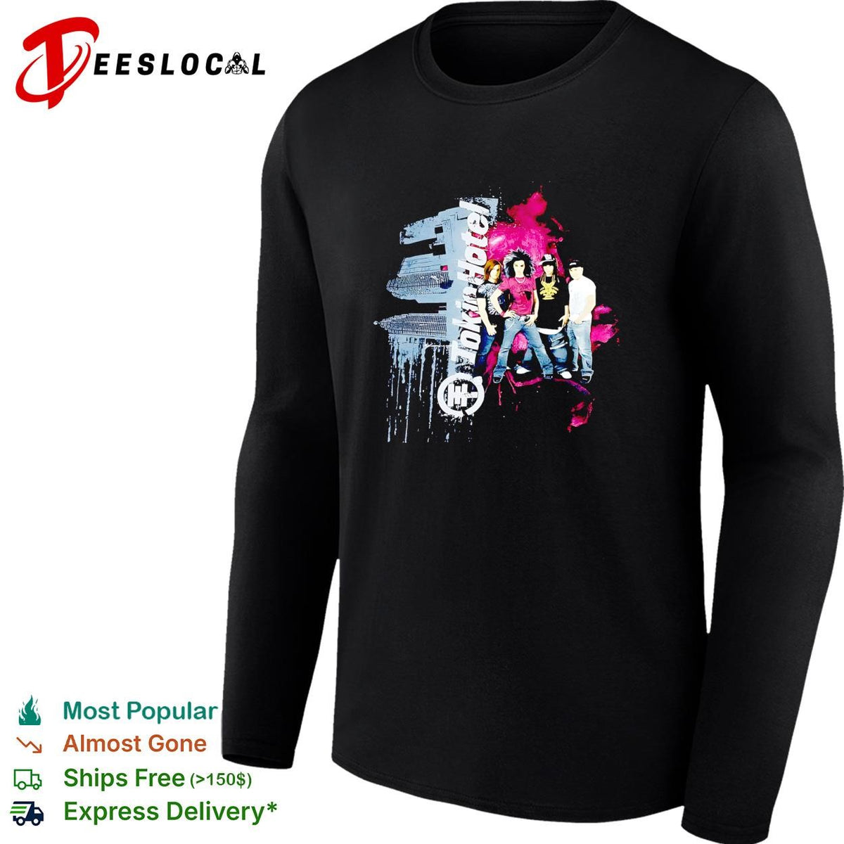 Tokio Hotel band group portrait pink paint splatter background graphic shirt