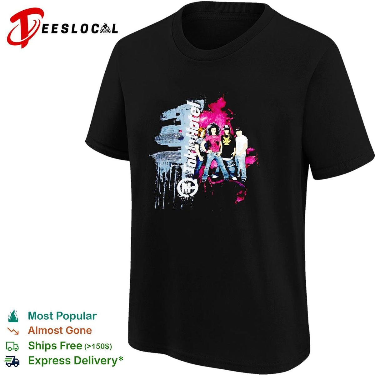 Tokio Hotel band group portrait pink paint splatter background graphic shirt
