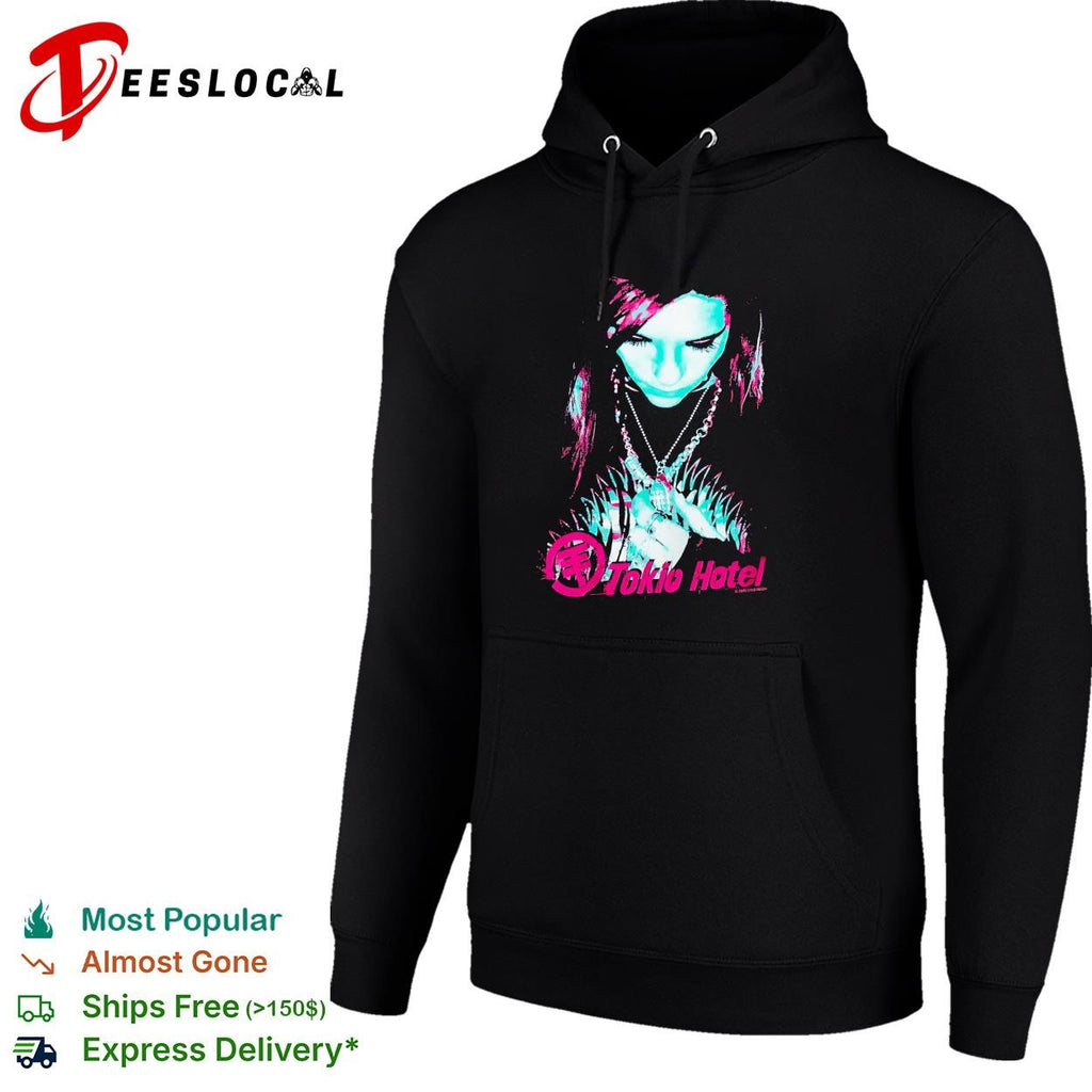 Tokio Hotel band member portrait wearing necklace dark moody graphic shirt