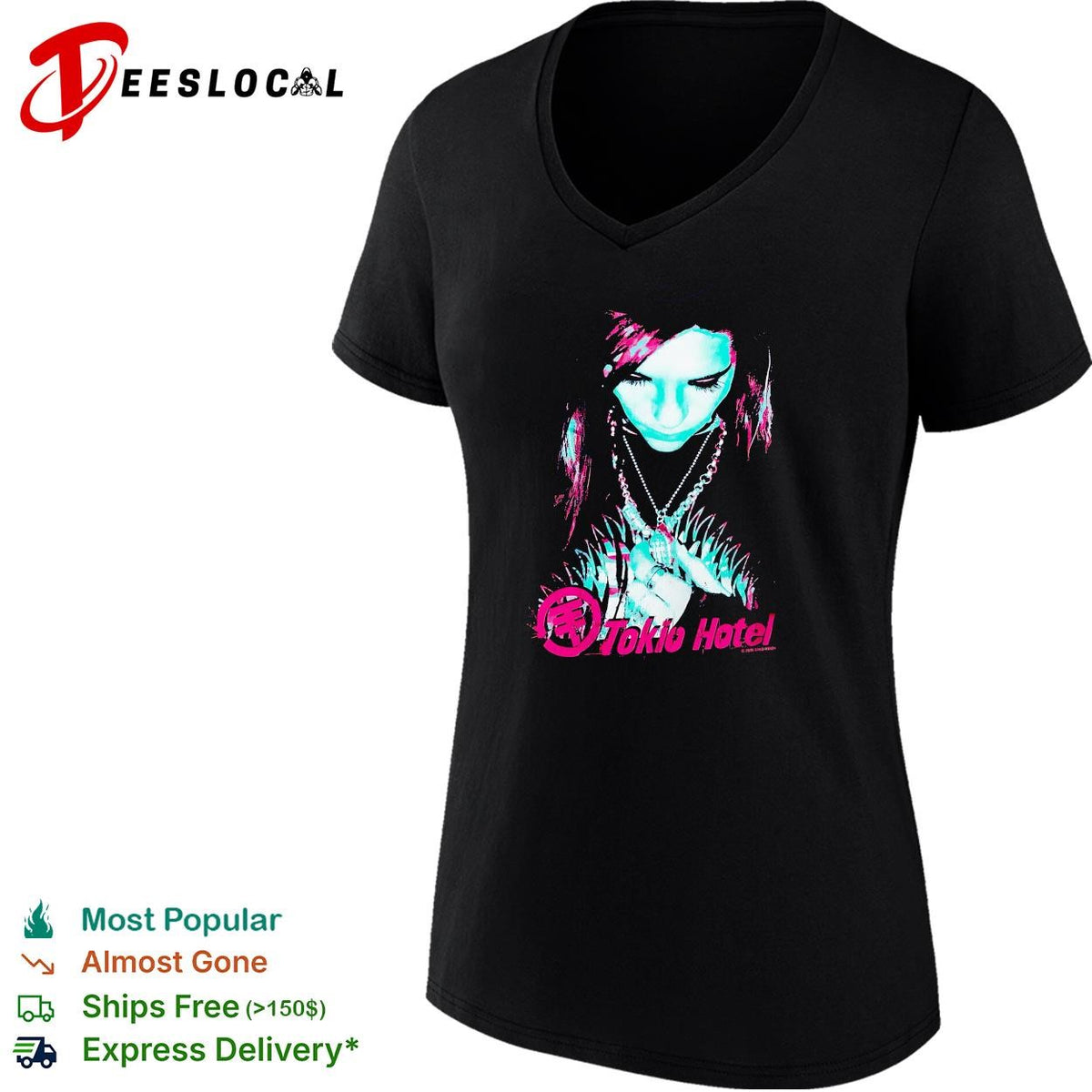 Tokio Hotel band member portrait wearing necklace dark moody graphic shirt