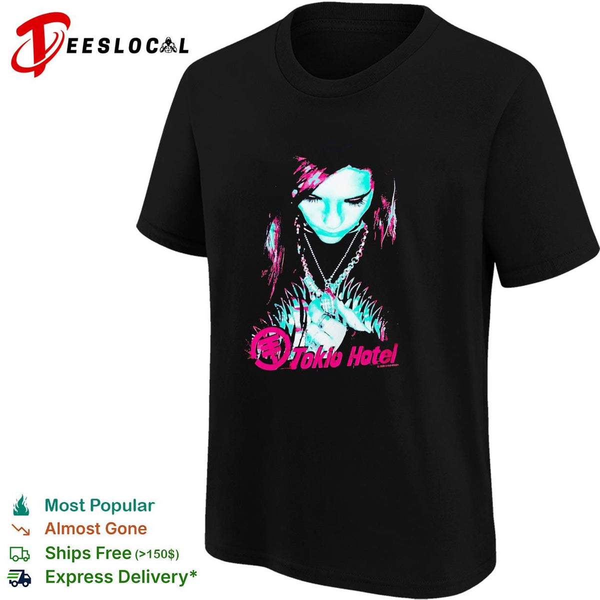 Tokio Hotel band member portrait wearing necklace dark moody graphic shirt