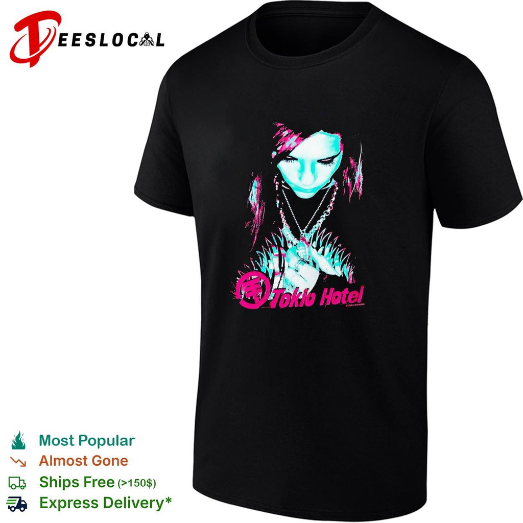 Tokio Hotel band member portrait wearing necklace dark moody graphic shirt