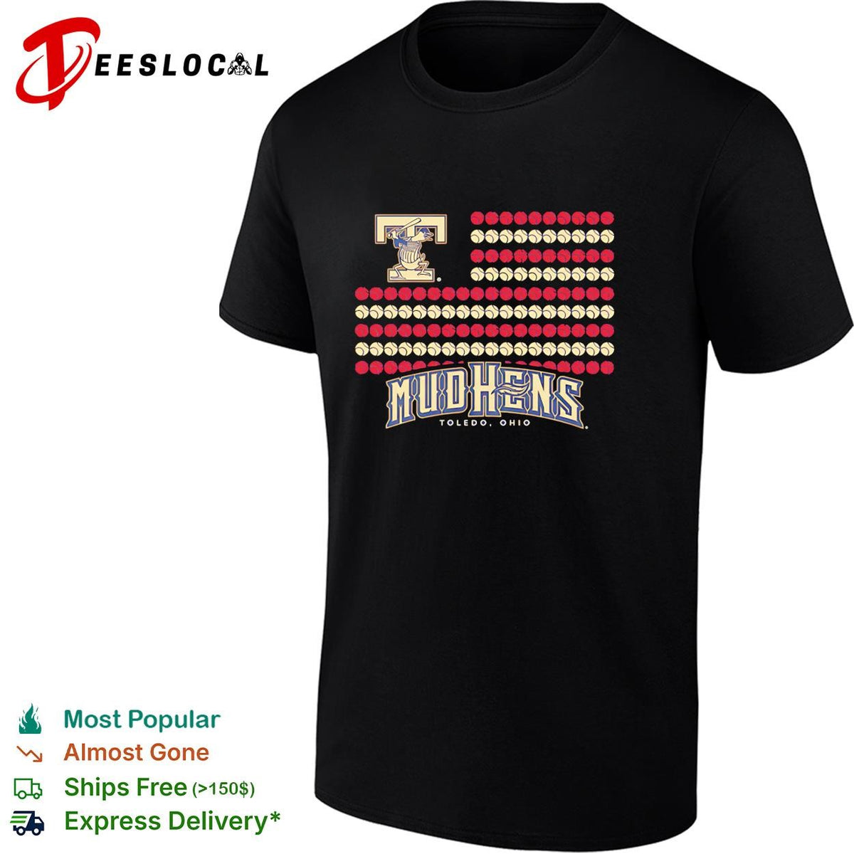 Toledo Mud Hens baseball flag logo and text design fan apparel graphic shirt