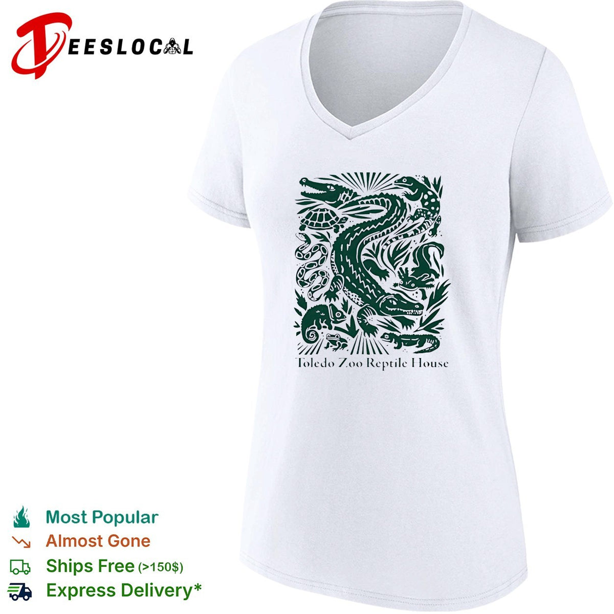 Toledo Zoo Reptile House green linocut style alligator turtle and snake illustration shirt