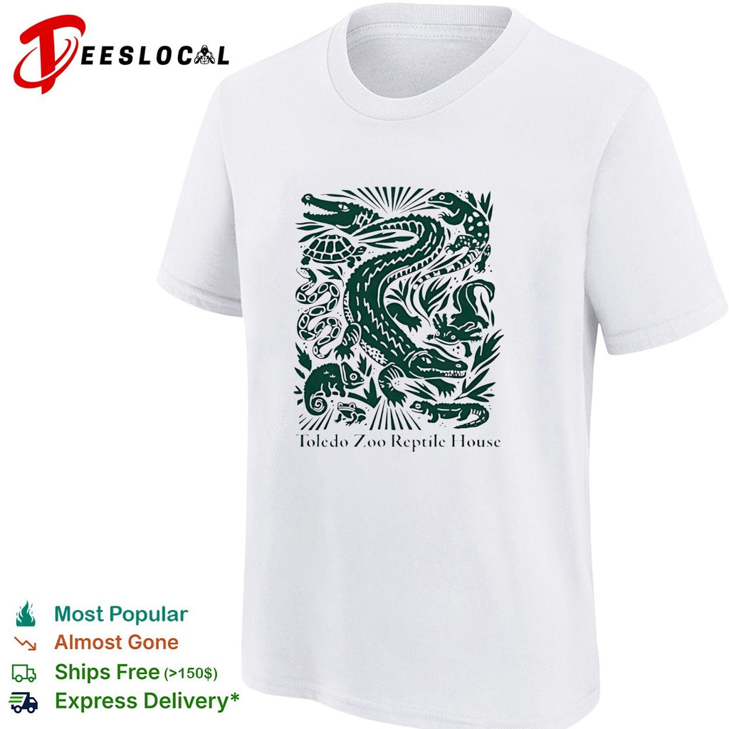 Toledo Zoo Reptile House green linocut style alligator turtle and snake illustration shirt