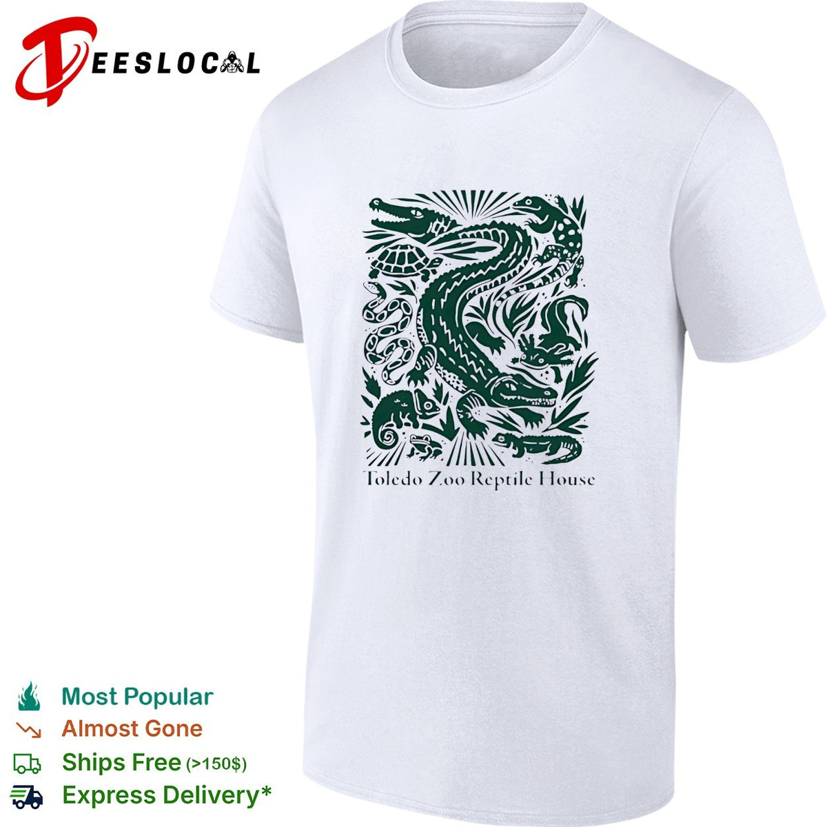 Toledo Zoo Reptile House green linocut style alligator turtle and snake illustration shirt
