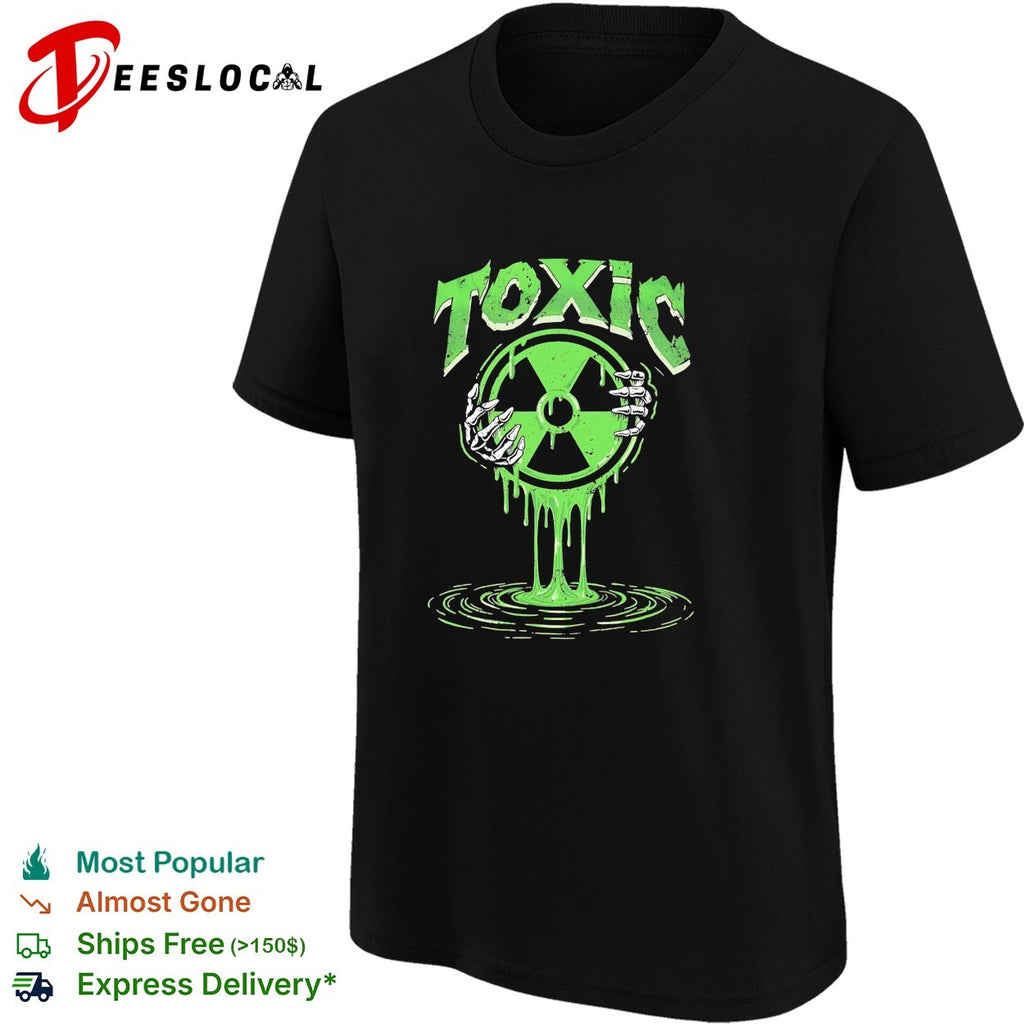 Toxic green radioactive symbol with skeletal hand dripping ooze illustration shirt