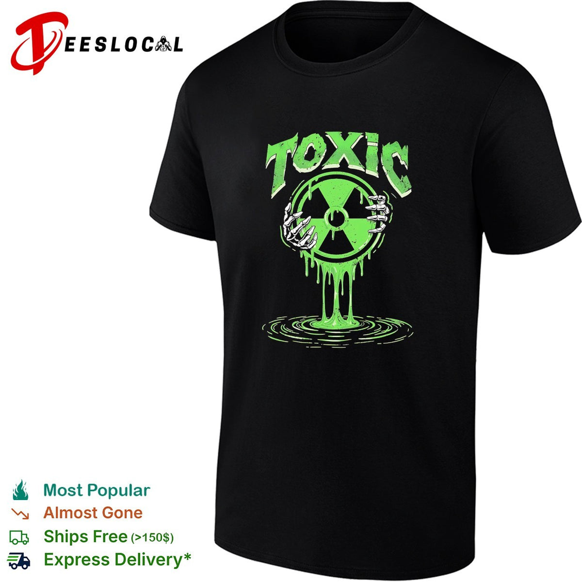 Toxic green radioactive symbol with skeletal hand dripping ooze illustration shirt