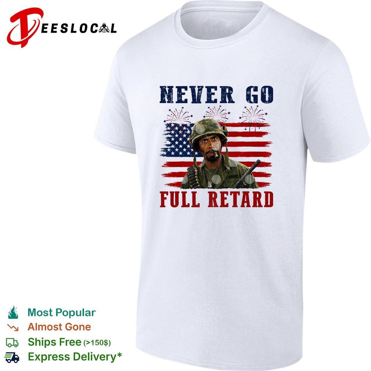 Tropic Thunder soldier Kirk Lazarus USA flag 4th of July fireworks shirt