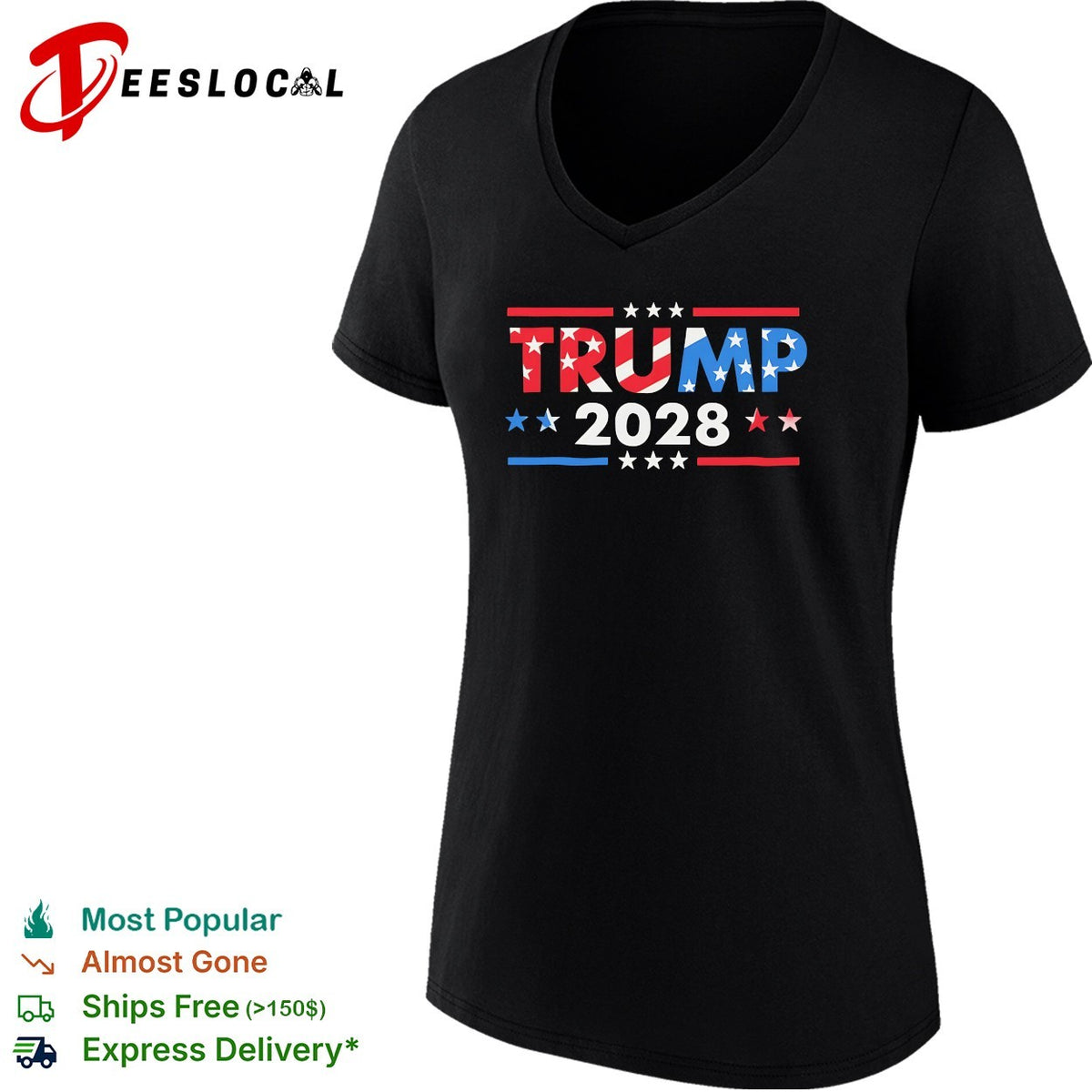 Trump 2028 bold patriotic flag stars stripes political fan art shirt