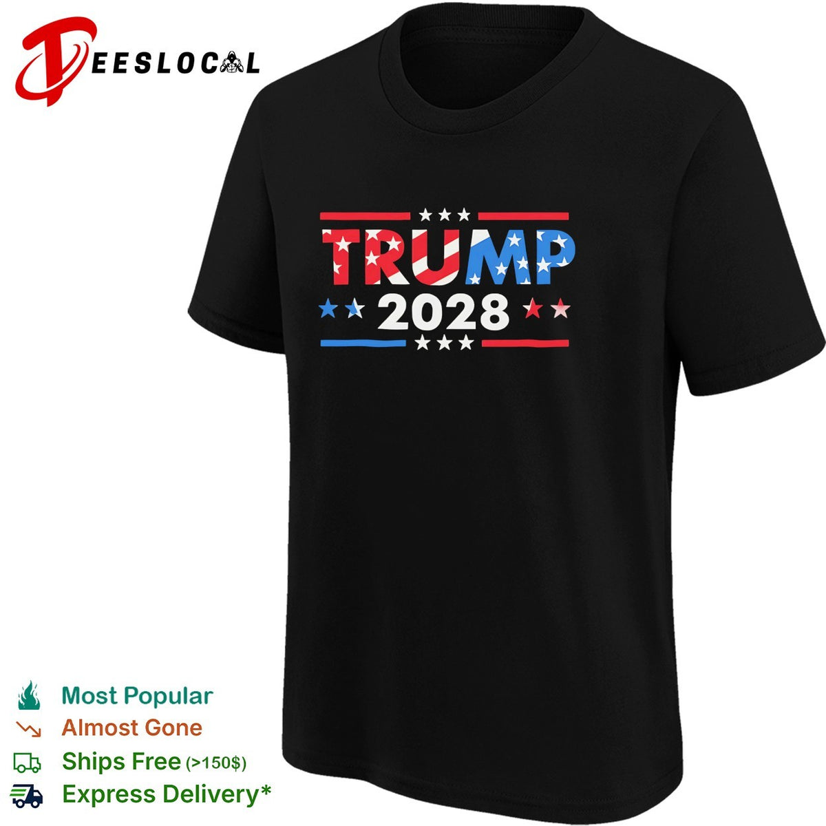 Trump 2028 bold patriotic flag stars stripes political fan art shirt