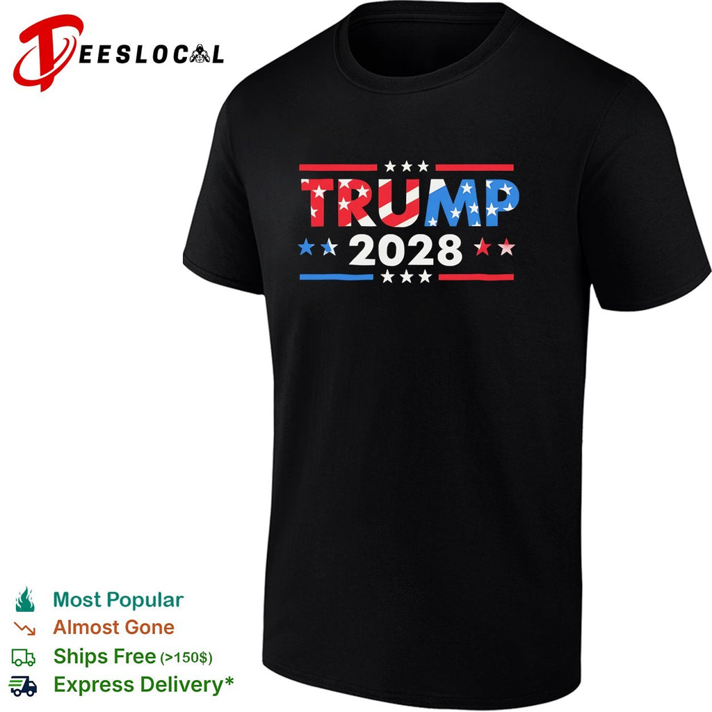 Trump 2028 bold patriotic flag stars stripes political fan art shirt