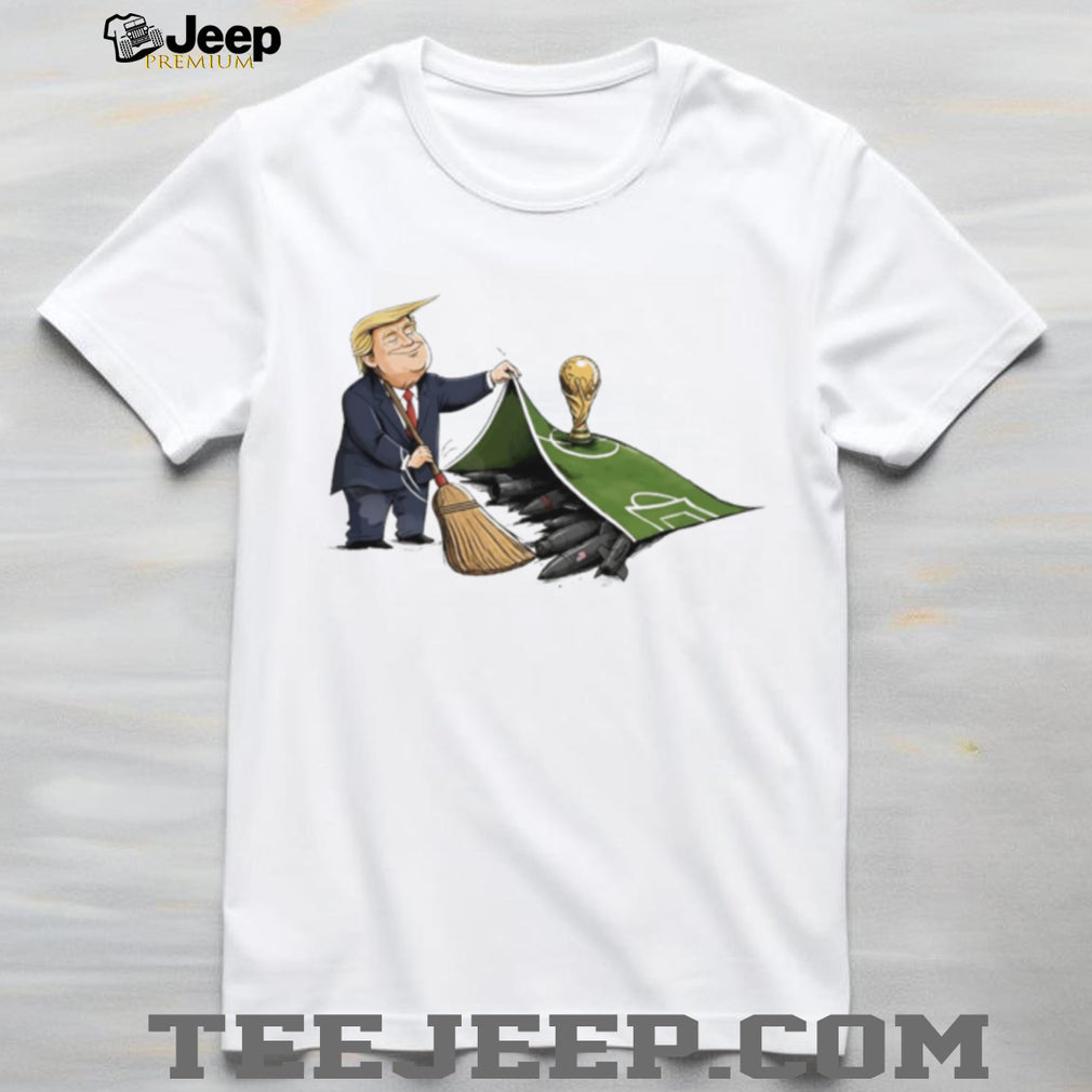 Trump versus Hormuz beside World Cup illustration shirt