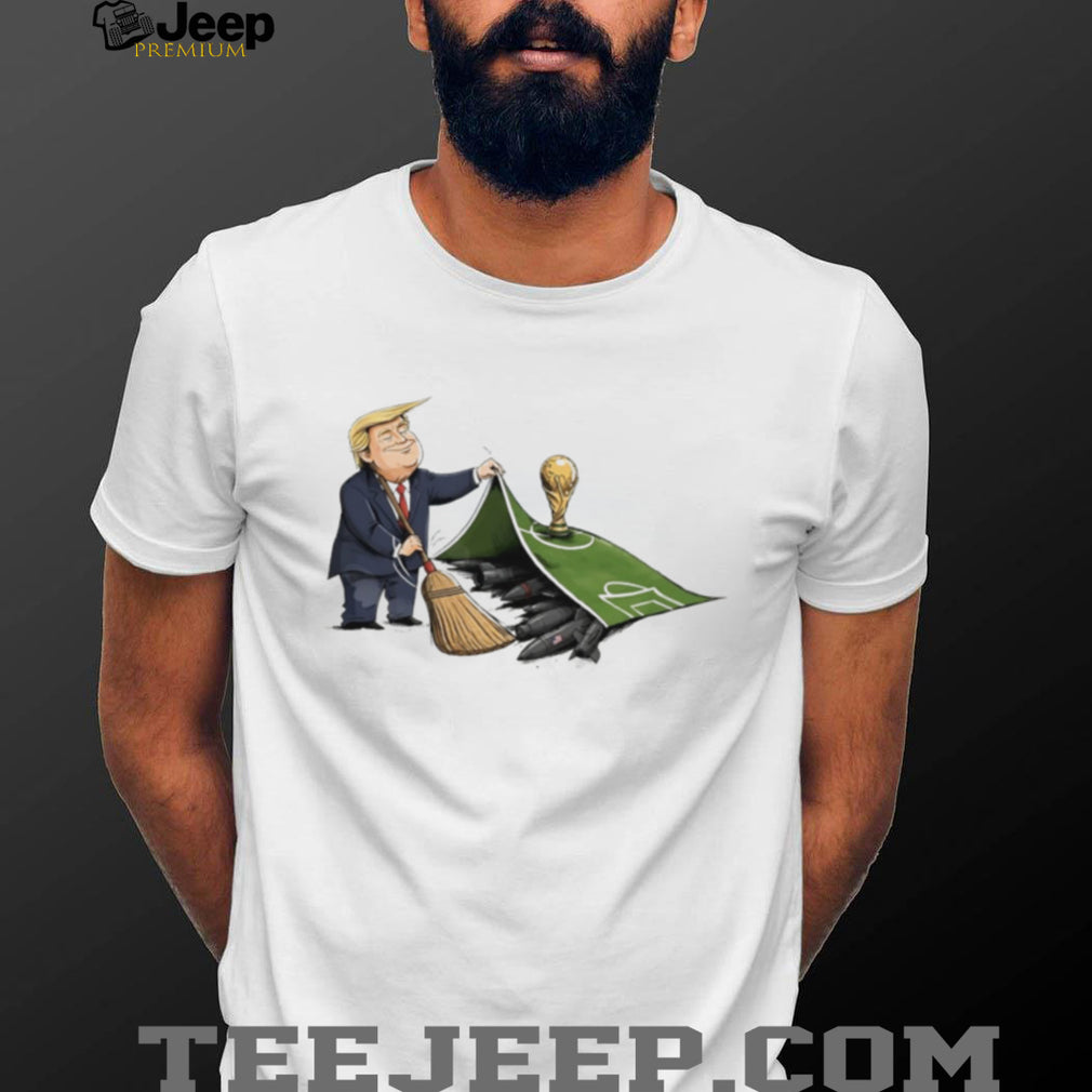 Trump versus Hormuz beside World Cup illustration shirt