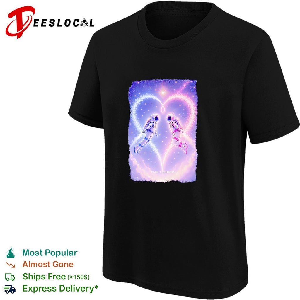 Two astronauts floating heart formation starry space The Lovers art shirt