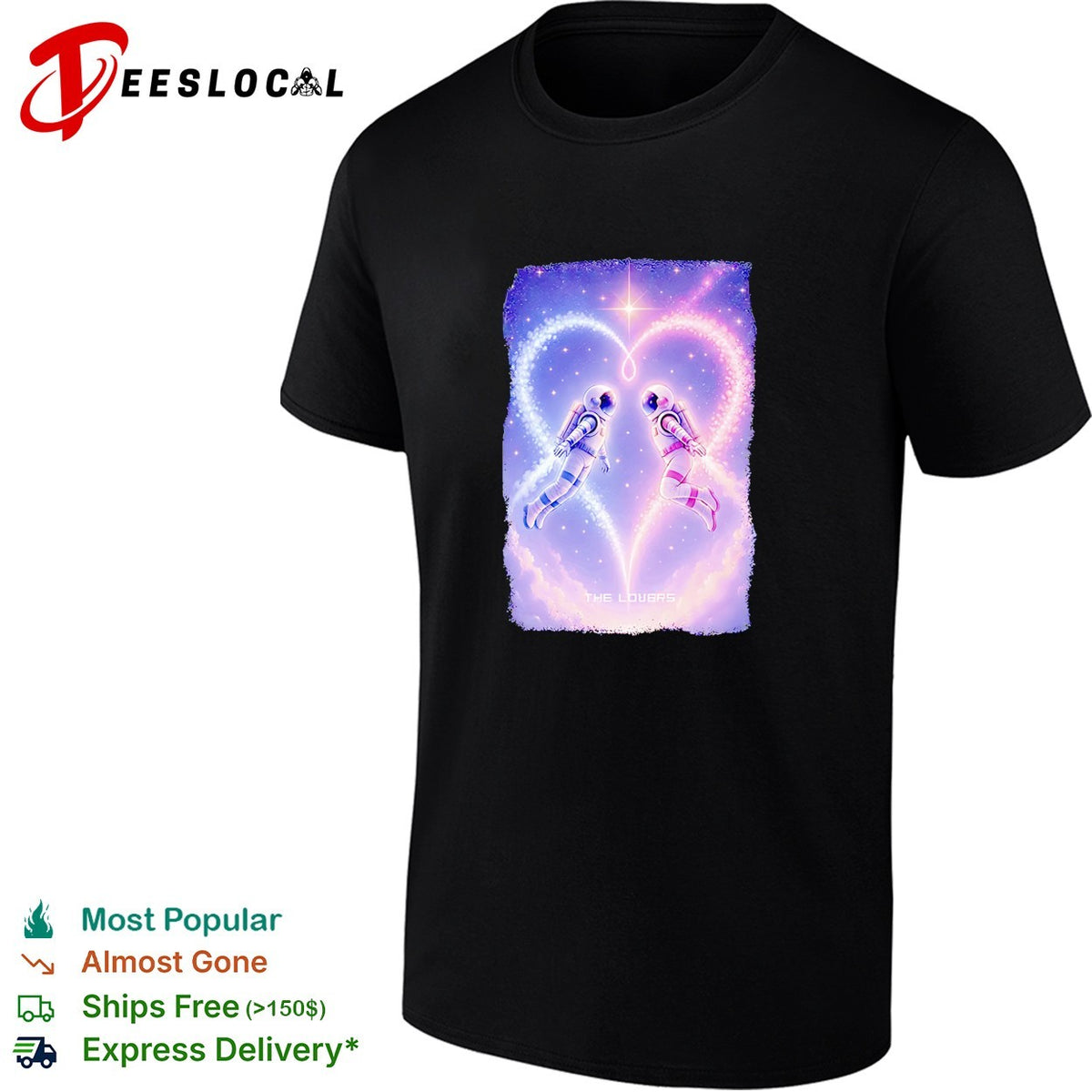 Two astronauts floating heart formation starry space The Lovers art shirt