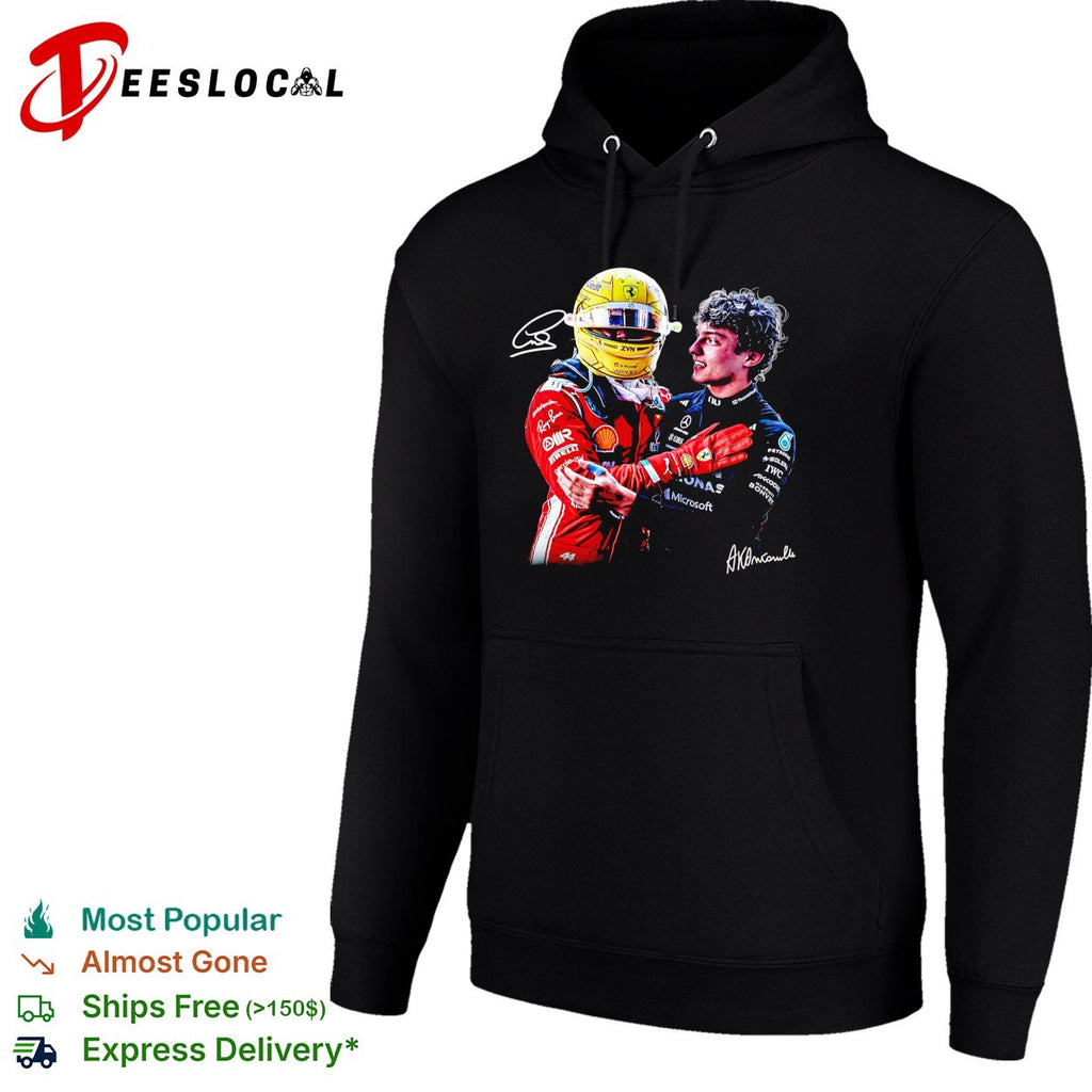 Two rival F1 drivers sporting embrace Ferrari Mercedes race podium friendship photo art shirt