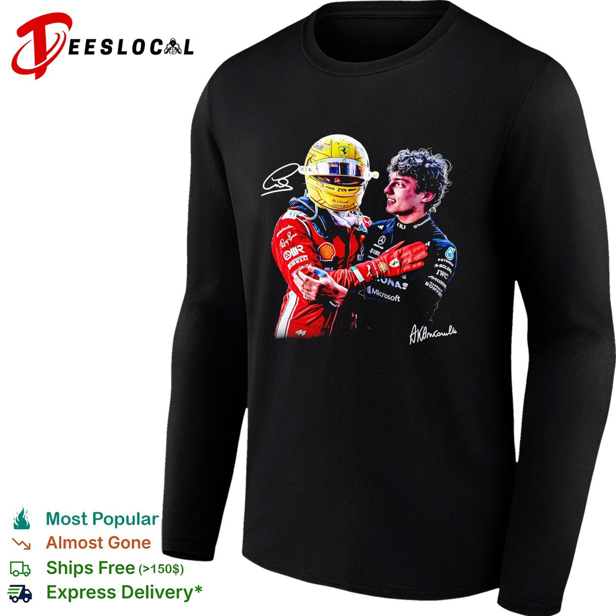 Two rival F1 drivers sporting embrace Ferrari Mercedes race podium friendship photo art shirt
