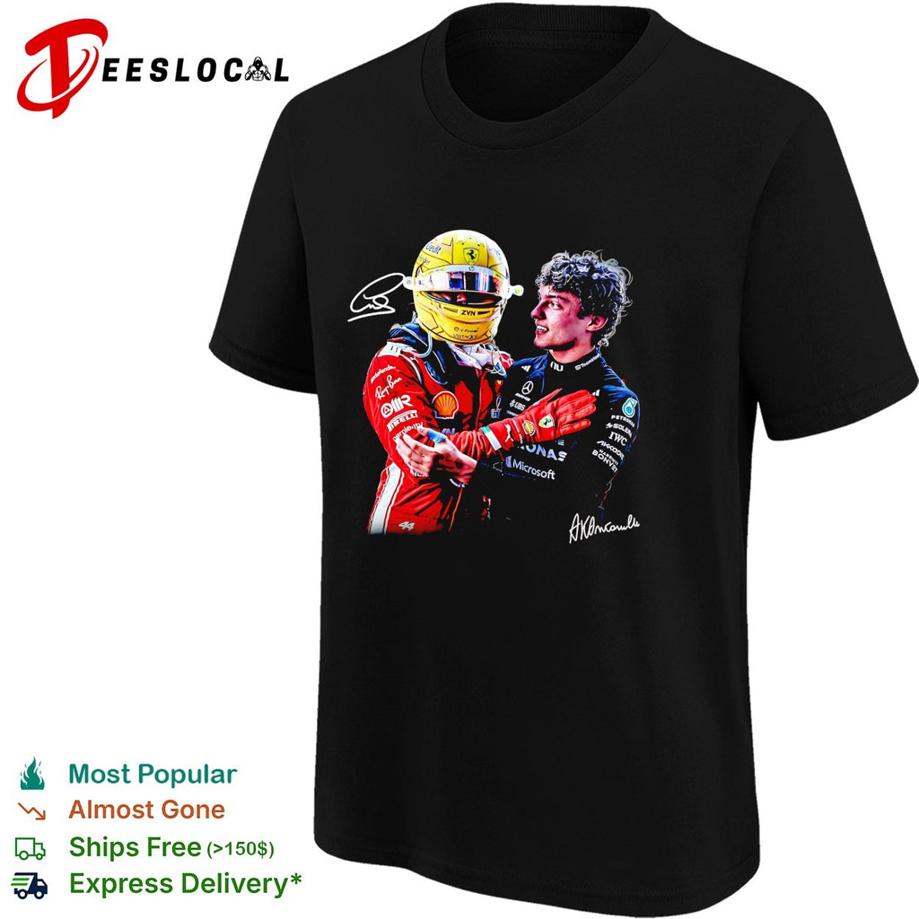 Two rival F1 drivers sporting embrace Ferrari Mercedes race podium friendship photo art shirt