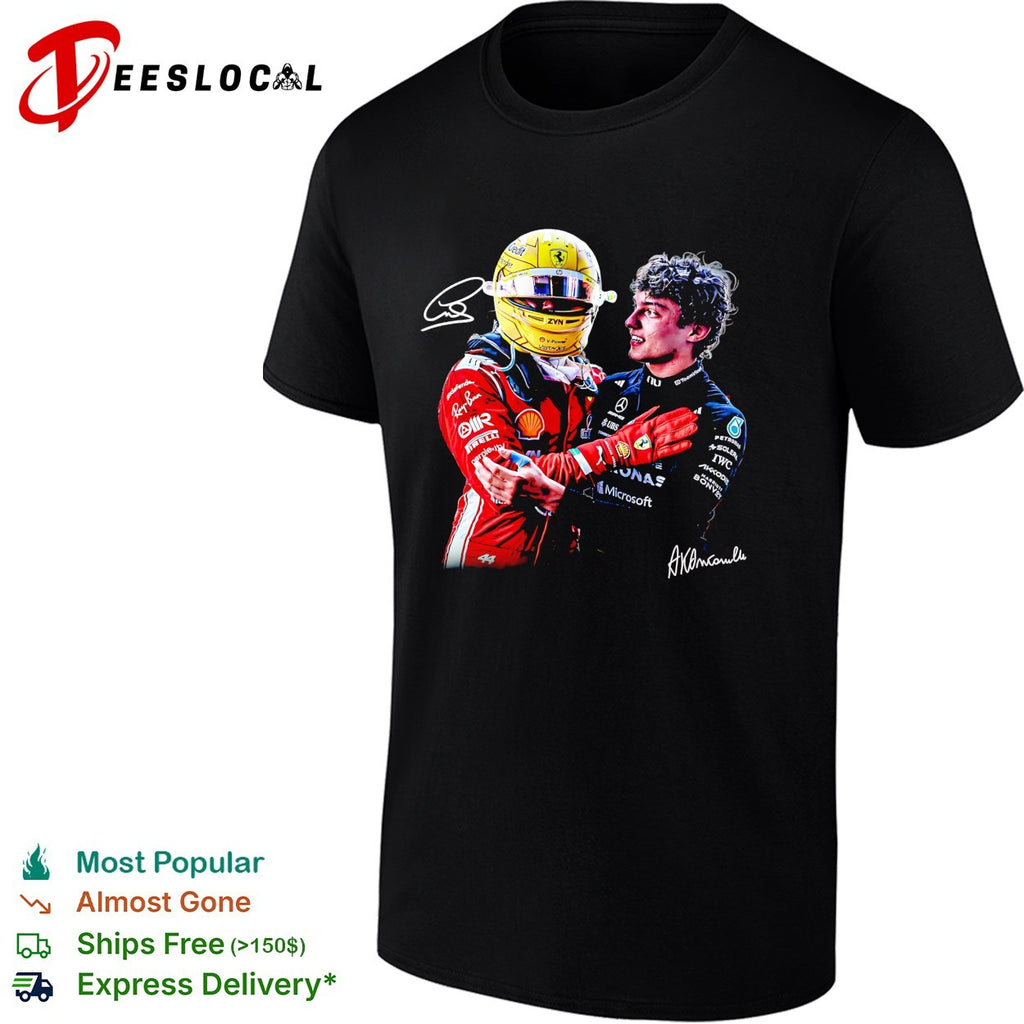 Two rival F1 drivers sporting embrace Ferrari Mercedes race podium friendship photo art shirt