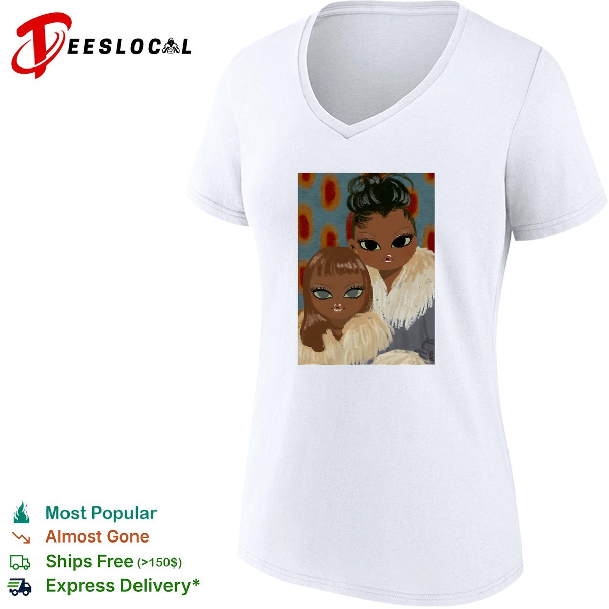 Two women portrait fur coats stylized illustration shirt